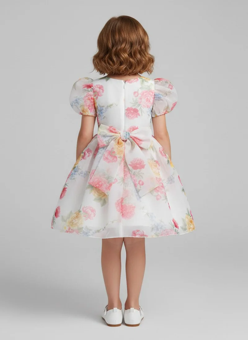 babyqlo Girls Floral Organza Puff Sleeve Party Dress